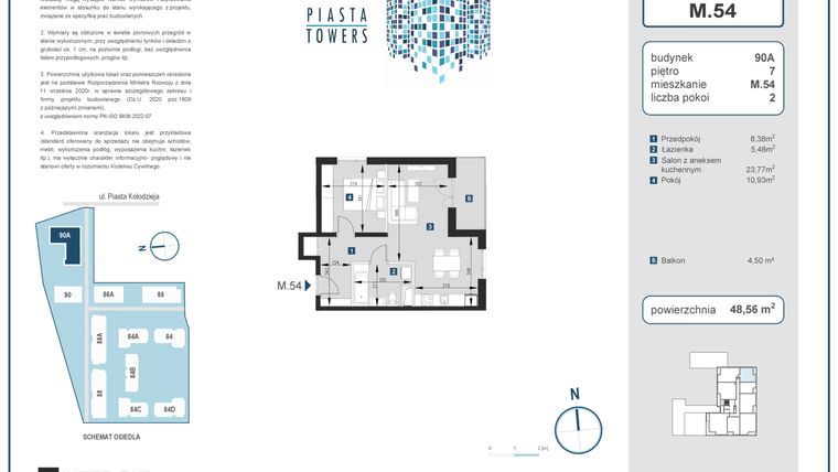 Rzut - Mieszkanie na sprzedaż 2 pokoje o powierzchni 48,56 m² - numer 54 w Piasta Towers bud. 90A
