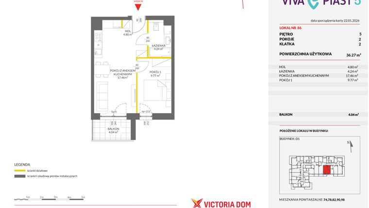 Rzut - Mieszkanie na sprzedaż 2 pokoje o powierzchni 36,25 m² - numer A.86 w Viva Piast 5