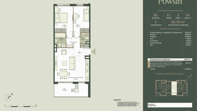 Rzut - Mieszkanie na sprzedaż 3 pokoje o powierzchni 62,78 m² - numer B2/24 w Onelife Powsin