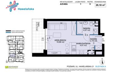 Rzut - Mieszkanie na sprzedaż 1 pokój o powierzchni 29,1 m² - numer A/5/48A w Osiedle Hawelańska etap III - bud. A