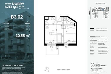Rzut - Mieszkanie na sprzedaż 1 pokój o powierzchni 30,55 m² - numer B3.02 w Dobry Szeląg
