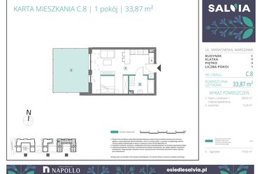 Rzut - Mieszkanie na sprzedaż 1 pokój o powierzchni 33,87 m² - numer C.08 w Osiedle Salvia