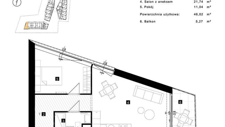 Rzut - Mieszkanie na sprzedaż 2 pokoje o powierzchni 46,02 m² - numer A.2.15 w Cisha Apartamenty Dziwnów