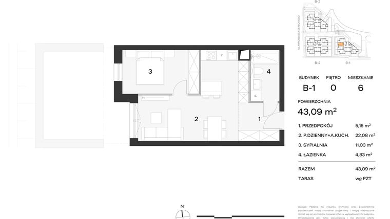 Rzut - Mieszkanie na sprzedaż 2 pokoje o powierzchni 43,09 m² - numer 6 w Koncertowa Dolina