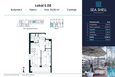 Rzut - Mieszkanie na sprzedaż 1 pokój o powierzchni 43 m² - numer E.08 w Magiczny Łukęcin