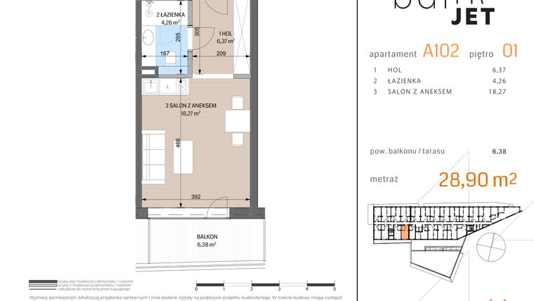 Rzut - Mieszkanie na sprzedaż 1 pokój o powierzchni 29,02 m² - numer A102 w Baltic Jet