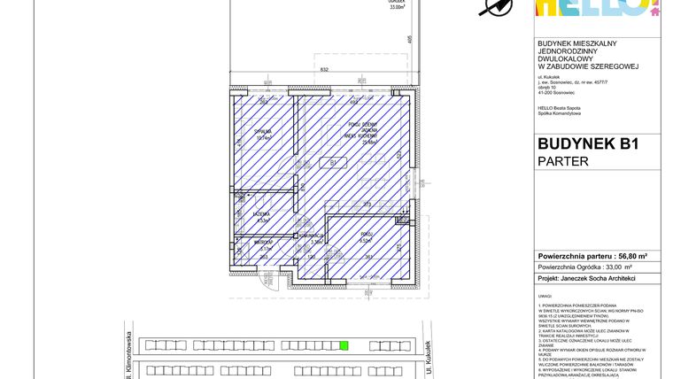 Rzut - Mieszkanie na sprzedaż 3 pokoje o powierzchni 56,8 m² - numer B1.1 w HELLO! KUKUŁKI bud. B