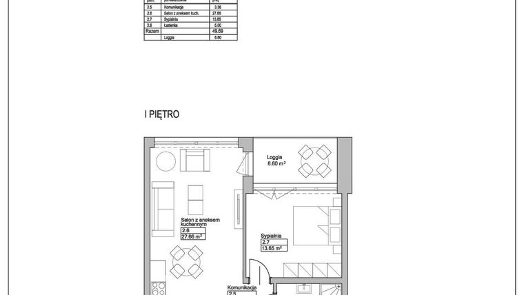 Rzut - Mieszkanie na sprzedaż 2 pokoje o powierzchni 49,69 m² - numer M14 w Ogrody Reymonta