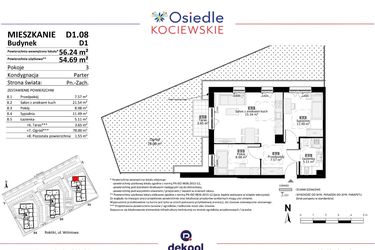 Rzut - Mieszkanie na sprzedaż 3 pokoje o powierzchni 54,69 m² - numer D1.08 w Osiedle Kociewskie etap III