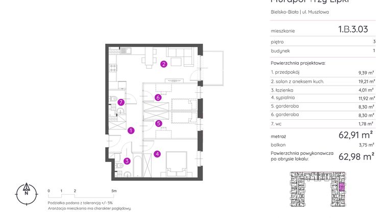 Rzut - Mieszkanie na sprzedaż 2 pokoje o powierzchni 62,98 m² - numer 1.B.3.03 w Murapol Trzy Lipki