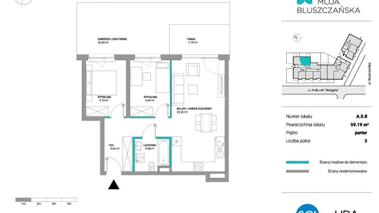 Rzut - Mieszkanie na sprzedaż 3 pokoje o powierzchni 59,19 m² - numer A.0.8 w Moja Bluszczańska
