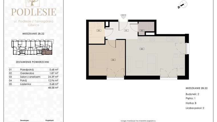 Rzut - Mieszkanie na sprzedaż 2 pokoje o powierzchni 48,58 m² - numer 2B.22 w Podlesie