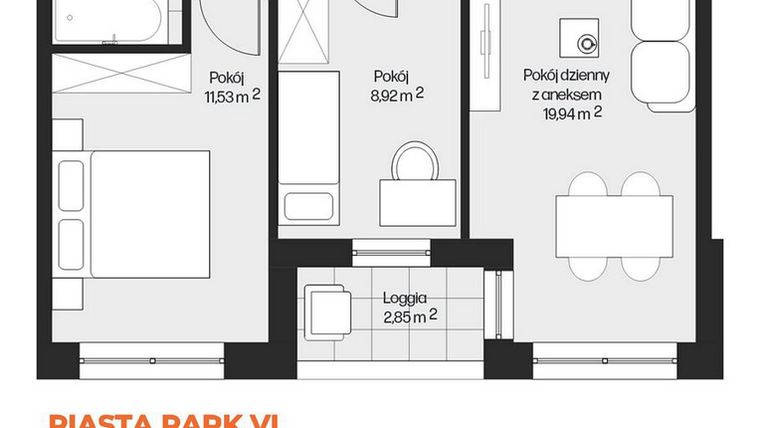 Rzut - Mieszkanie na sprzedaż 3 pokoje o powierzchni 49,63 m² - numer G1-48 w Piasta Park VI