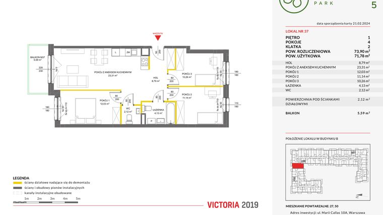 Rzut - Mieszkanie na sprzedaż 4 pokoje o powierzchni 73,9 m² - numer 37 w Olchowy Park V