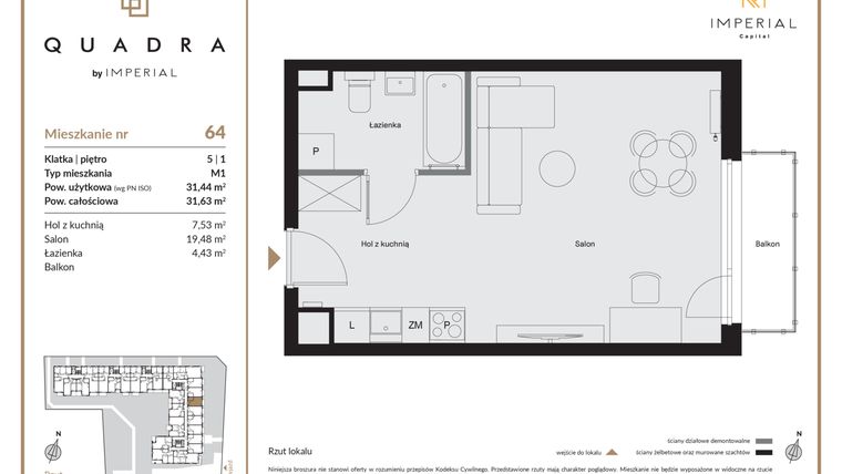 Rzut - Mieszkanie na sprzedaż 1 pokój o powierzchni 31,44 m² - numer 64 w QUADRA