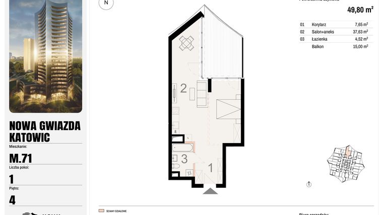 Rzut - Mieszkanie na sprzedaż 1 pokój o powierzchni 49,8 m² - numer M.71 w Nowa Gwiazda