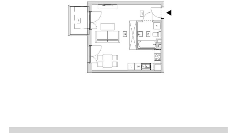 Rzut - Mieszkanie na sprzedaż 1 pokój o powierzchni 33,99 m² - numer B8-K1-3-7 w ATAL Strachowicka II