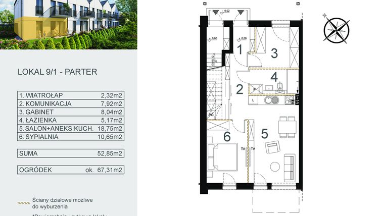 Rzut - Mieszkanie na sprzedaż 3 pokoje o powierzchni 52,85 m² - numer 9/1 w Zamiejska 9