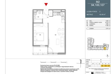 Rzut - Mieszkanie na sprzedaż 2 pokoje o powierzchni 43,59 m² - numer 94 w Morwowa 5