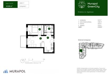 Rzut - Mieszkanie na sprzedaż 2 pokoje o powierzchni 41,38 m² - numer 2.A.1.07 w Murapol GreenCity bud. 2