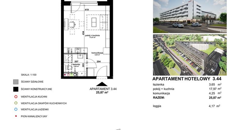 Rzut - Mieszkanie na sprzedaż 1 pokój o powierzchni 25,79 m² - numer 3.44 w Apartamentowiec Zwycięska 3 - inwestycyjne
