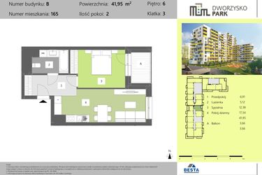 Rzut - Mieszkanie na sprzedaż 2 pokoje o powierzchni 41,95 m² - numer 165 w Dworzysko Park - Etap II