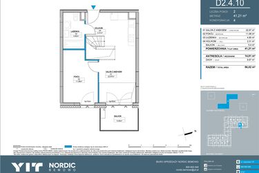 Rzut - Mieszkanie na sprzedaż 3 pokoje o powierzchni 56,02 m² - numer D2.4.10 w Nordic Bemowo - etap IV