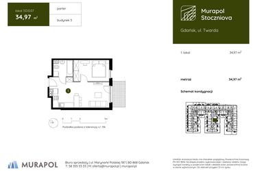 Rzut - Mieszkanie na sprzedaż 1 pokój o powierzchni 34,97 m² - numer 3.D.0.07 w Murapol Stoczniova
