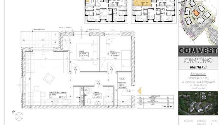 Rzut - Mieszkanie na sprzedaż 3 pokoje o powierzchni 57,69 m² - numer D9 w Kowanówko