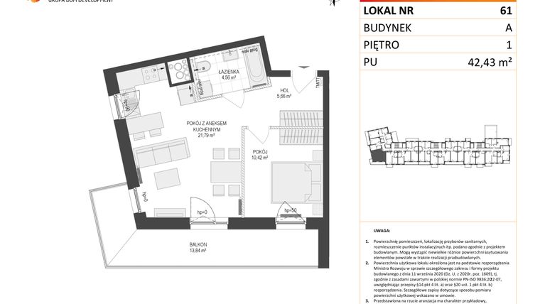 Rzut - Mieszkanie na sprzedaż 2 pokoje o powierzchni 42,43 m² - numer A61 w Osiedle Warszawska etap IV