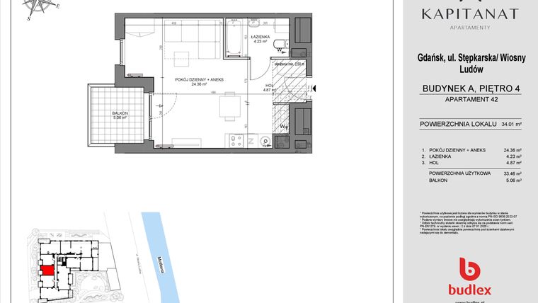 Rzut - Mieszkanie na sprzedaż 1 pokój o powierzchni 33,46 m² - numer A42 w Kapitanat A