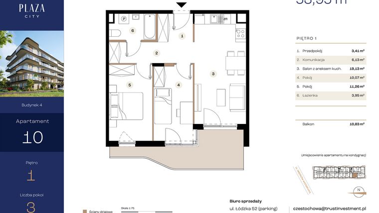 Rzut - Mieszkanie na sprzedaż 3 pokoje o powierzchni 53,95 m² - numer B4M10 w Plaza City