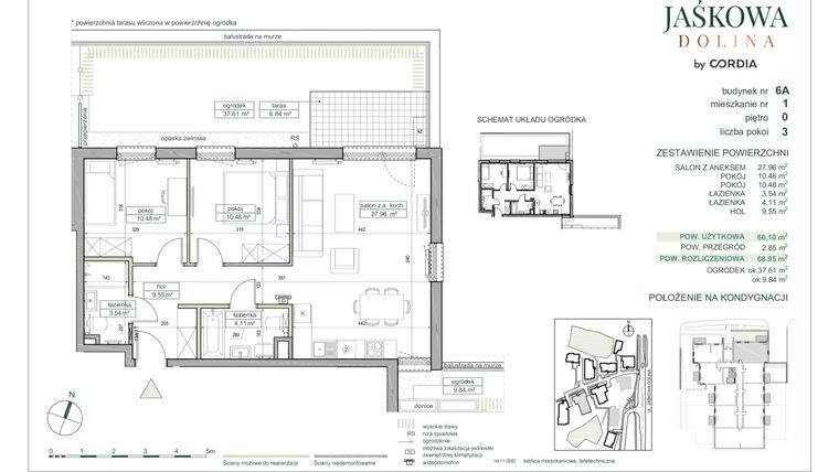 Rzut - Mieszkanie na sprzedaż 3 pokoje o powierzchni 68,95 m² - numer 6.A.1 w Villa Jaśkowa Dolina etap II