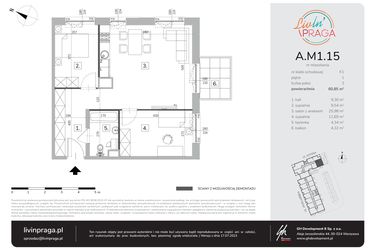 Rzut - Mieszkanie na sprzedaż 3 pokoje o powierzchni 60,85 m² - numer A.M1.15 w Livin' Praga