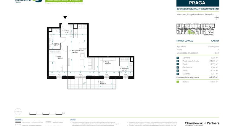 Rzut - Mieszkanie na sprzedaż 3 pokoje o powierzchni 63,5 m² - numer AA0201 w Neo Praga