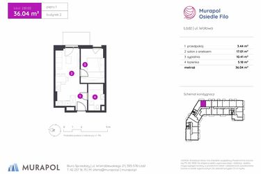 Rzut - Mieszkanie na sprzedaż 2 pokoje o powierzchni 36,04 m² - numer 2.B.1.02 w Murapol Osiedle Filo etap II