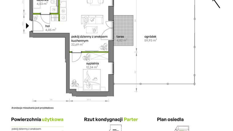 Rzut - Mieszkanie na sprzedaż 2 pokoje o powierzchni 44,72 m² - numer AA0007 w Ptasia Vita