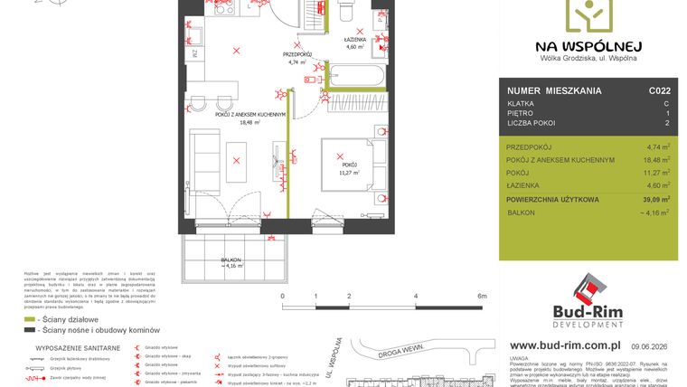 Rzut - Mieszkanie na sprzedaż 2 pokoje o powierzchni 39,09 m² - numer C22 w Na Wspólnej etap 2