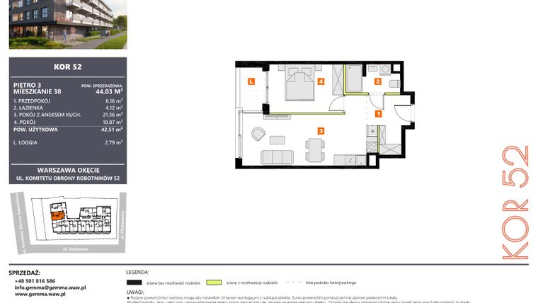 Rzut - Mieszkanie na sprzedaż 2 pokoje o powierzchni 44,03 m² - numer M38 w KOR 52