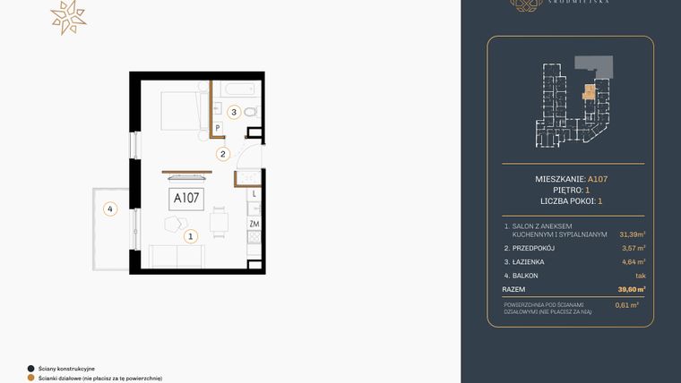 Rzut - Mieszkanie na sprzedaż 1 pokój o powierzchni 39,6 m² - numer A.107 w Rezydencja Śródmiejska