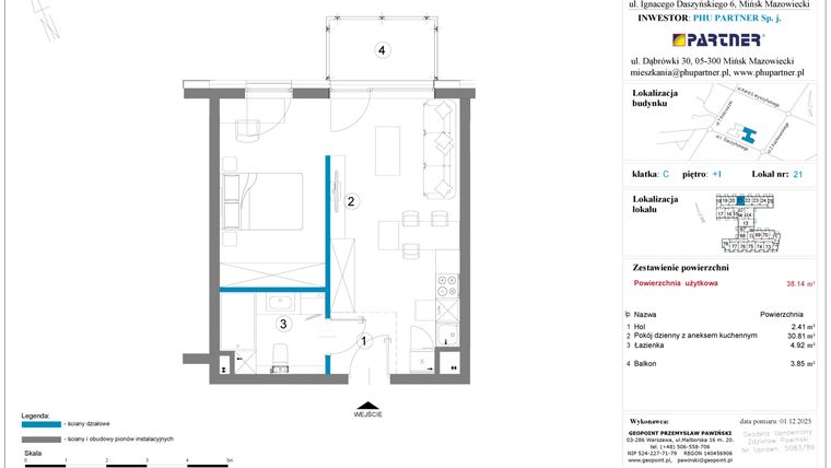 Rzut - Mieszkanie na sprzedaż 1 pokój o powierzchni 38,14 m² - numer 21 w Daszyńskiego Square etap 2
