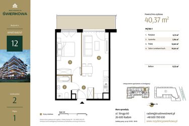 Rzut - Mieszkanie na sprzedaż 2 pokoje o powierzchni 40,37 m² - numer M.12 w Rezydencja Świerkowa - etap II