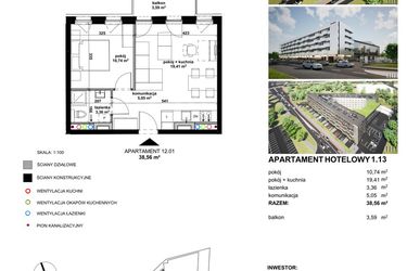 Rzut - Mieszkanie na sprzedaż 2 pokoje o powierzchni 47,07 m² - numer 1.13 w Apartamentowiec Zwycięska 3 - inwestycyjne