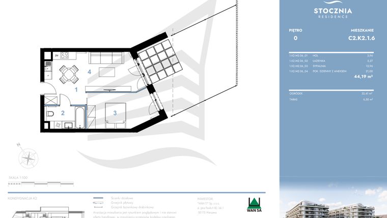 Rzut - Mieszkanie na sprzedaż 2 pokoje o powierzchni 44,19 m² - numer C2.K2.1.6 w Stocznia Residence