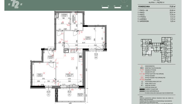 Rzut - Mieszkanie na sprzedaż 3 pokoje o powierzchni 76,97 m² - numer 20 w Wspólnota Mieszkaniowa Gajowa 72