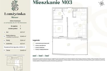 Rzut - Mieszkanie na sprzedaż 2 pokoje o powierzchni 43,57 m² - numer 3 w Łomżyńska Skwer