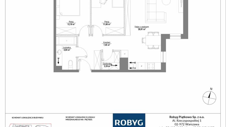 Rzut - Mieszkanie na sprzedaż 3 pokoje o powierzchni 68,16 m² - numer H2_2M03 w Piątkowo Residence etap II