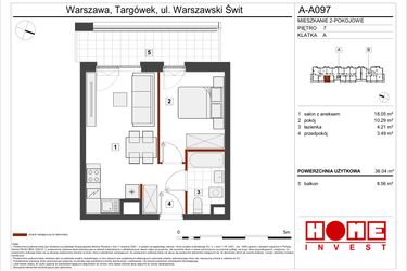 Rzut - Mieszkanie na sprzedaż 2 pokoje o powierzchni 36,04 m² - numer A-A097 w Warszawski Świt etap VII
