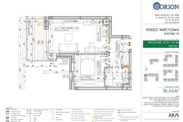 Rzut - Mieszkanie na sprzedaż 2 pokoje o powierzchni 36,44 m² - numer N1.25 w Osiedle Narcyzowe etap 2