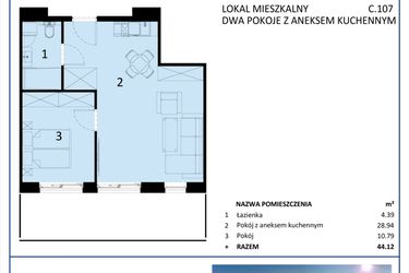 Rzut - Mieszkanie na sprzedaż 2 pokoje o powierzchni 44,12 m² - numer C.107 w Perłowa Przystań - Sianożęty - etap III